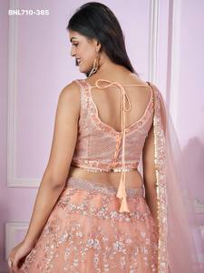 Best Quality Heavy Soft Net with Badla, Thread, Sequins & Zari Embroidered A-Line Peach Lehenga-Choli Set At Wholesale Rate - Product Image 5