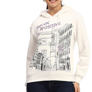 Sweat à capuche crème pour femme avec imprimé urbain et motif lettres 'Think Positive', style décontracté pour l'automne, 100% coton tricoté, manches longues - Product Image 6
