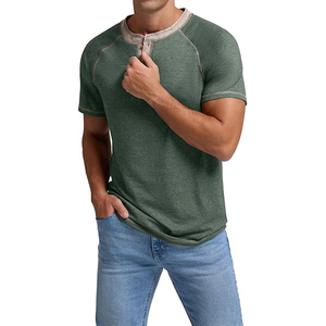 Casual Men T <b>Shirt</b> Short Sleeve Button Placket Raglan Contrast Stitching Cotton Summer Tee - Product Image 3
