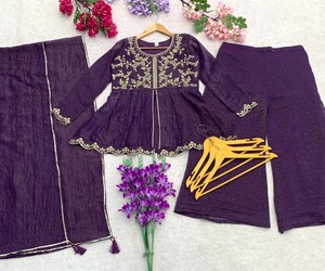 Salwar Kameez en soie violette avec broderie et dupatta, style traditionnel indien et pakistanais, coupe ample, longueur cheville, pour femme JJ-1025-85431 - Product Image 4