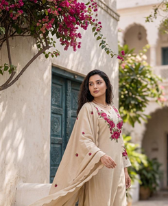 Conjunto de Kurti Étnico para Mujer, de Algodón Khadi, Corte Regular, Estampado Digital, Bordado Floral, Manga Larga, Top Midi, Pantalones, Dupatta, Casual - Product Image 3