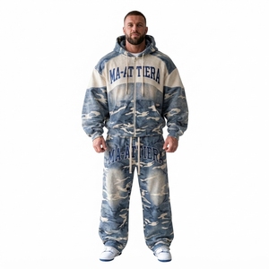 Men Blue <b>White</b> Camouflage <b>Zip</b> <b>Up</b> Hoodie Tracksuit Set Loose Fit Contrast Panel Streetwear Custom OEM ODM Wholesale - Product Image 1