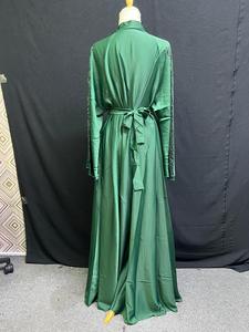 Élégante robe longue turque en polyester vert, à manches longues, col en V, ornée de perles, pour mariage, soirée, style Moyen-Orient - Product Image 6