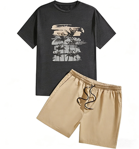 Conjunto de Verano para Hombre, 100% Algodón, Cuello en V, Manga Corta, Estilo Casual, Tejido, Versión Coreana, Corte Holgado, Deportivo, Dos Piezas, Transpirable - Product Image 5