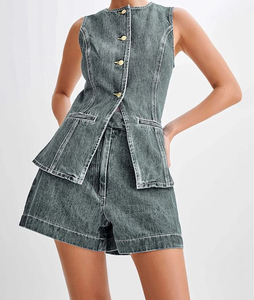 Men's Denim Sleeveless Vest With Shorts <b>Set</b> Casual Solid Color Washed Cotton Woven Summer Wear Plus Size Men's <b>Sets</b> - Product Image 4