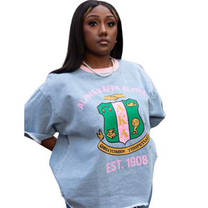 Custom Light Blue Women's Embroidered T Shirts with Green Crest Design <b>Pink</b> Lettering Short Sleeve Crew Neck Casual Fashion <b>Tops</b> - Product Image 1
