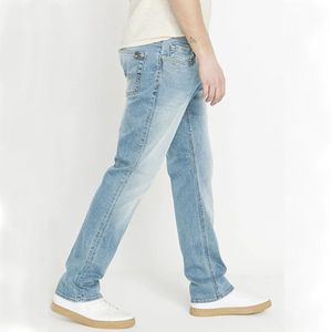 Jean en denim extensible bleu clair coupe droite pour homme, tissé uni, en coton, style urbain, fabriqué au Pakistan – Grande Vente - Product Image 2