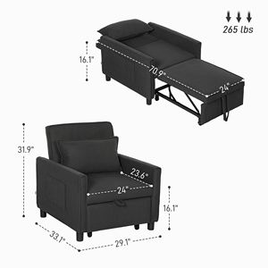 Fauteuil-lit convertible 3-en-1 gris foncé avec canapé escamotable et dossier réglable, rembourrage en mousse, poches à oreillers de style bras droit - Product Image 3
