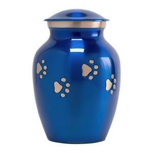 Urne funéraire bleue pour animaux de compagnie avec empreintes de pattes dorées, urne commémorative en métal courbé pour cendres, fournitures funéraires, urnes pour animaux de compagnie de style américain, cadeaux - Product Image 1