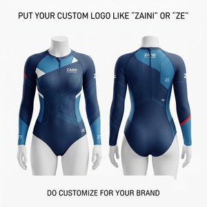 Maillot de bain à manches longues en polyester et élasthanne bleu de qualité supérieure 220 GSM, avec panneaux, sublimation, transfert thermique, logo personnalisé, 100% polyester - Product Image 1