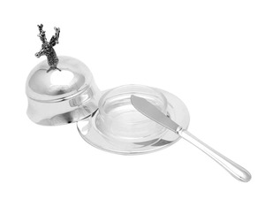 Luxury Silver Finished Butter Dish With Deer Face Handle Used For Serving Butter On Dining Table In A Stylish Way From India - Product Image 2