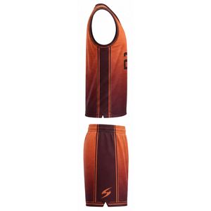 Conjunto de Uniforme de Baloncesto Sublimado Personalizado, Unisex para Adultos, Cuello en V, Sin Mangas, Absorbe la Humedad, Color Degradado 23 Naranja Marrón - Product Image 3