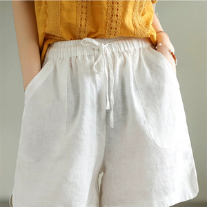 <b>White</b> <b>Linen</b> Cotton Shorts Women Summer Casual Loose Fit With Pockets Breathable Woven Solid Color Drawstring Waist Short <b>Pants</b> - Product Image 2