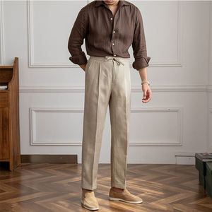Nouveau pantalon long d'été pour homme 100 % lin, coupe droite légère, polyvalent, avec cordon de serrage, respirant et taille élastique - Product Image 6