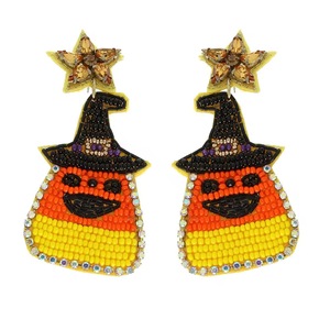 Pendientes de cuentas de Halloween Candy Corn, también llamados pendientes de bordado con cuentas de semillas, con diseño de mariposa tricolor y perlas finas. - Product Image 1