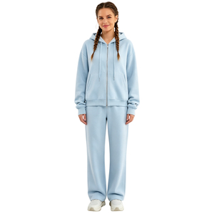 Ensemble de survêtement pour femme, couleur unie, à capuche, avec cordon de serrage, pantalon de survêtement long, coupe régulière, vêtements décontractés d'hiver, 100% coton respirant - Product Image 1
