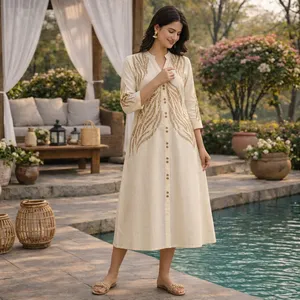 Vestido Midi Boho Bordado con Cuello en V para Mujer, Manga Tres Cuartos, Holgado, de Lino y Algodón, Verano, Casual, Tejido Transpirable, Dobladillo Recto - Product Image 3