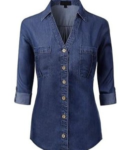 Camisa de Mezclilla para Mujer, con Botones, Manga Tres Cuartos, Color Sólido, Blusa Casual con Bolsillos, Corte Regular - Product Image 1