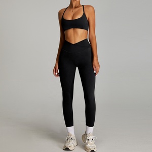 Seamless Yoga Set Black Crop Top High Waist Flared Pants 2 Piece Spandex Polyester Square Neck Spaghetti Strap Full Length - Product Image 2