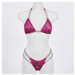 Ensemble bikini 2 pièces rose à imprimé animal, col halter, bordure en strass, bas string, maillot de bain pour femmes - Product Image 1