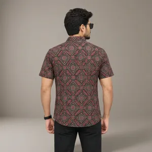 Men's Short Sleeve <b>Geometric</b> Print Casual <b>Shirt</b> Turn-down Collar 100% Cotton Breathable Knitted ODM Summer Style - Product Image 1
