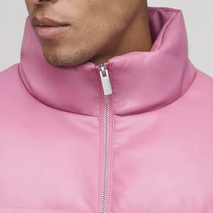 High Quality Men's Pink PU Puffer Jacket Stand Collar Zipper Closure Windproof <b>Thick</b> Polyester Filling Casual <b>Winter</b> <b>Coat</b> Loose - Product Image 3