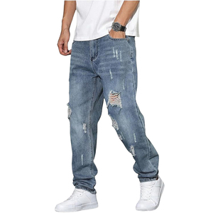 Jeans en denim délavé coupe droite pour homme avec logo personnalisé, style streetwear hip-hop en coton et élasthanne - Product Image 1