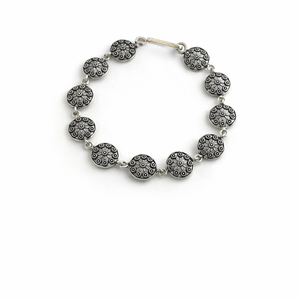 Bracelet vintage en argent sterling 925 avec perles et maillons floraux pour femme, finition oxydée, sans pierres précieuses, style romantique, cadeau quotidien - Product Image 1