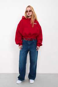 Hoodie rouge oversize à manches lanternes, poche kangourou, logo brodé sur le devant, 100% coton, 400 grammes, doublure respirante avec lettres. - Product Image 1
