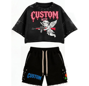 Conjunto de Camiseta y Pantalones Cortos para Hombre, Diseño Gráfico Personalizado con Efecto Desgastado, Alta Calidad, Hombros Caídos, 100% Algodón - Product Image 5