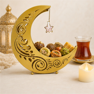 Luxury Gold Metal Ramadan Serving Tray for Dates and <b>Chocolates</b> Hollow-Out Crescent Moon Eid Mubarak Dessert Platter - Product Image 4
