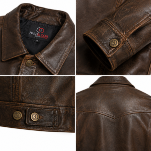 Veste plissée vintage marron pour homme, type II, en cuir de mouton pleine fleur 1,1 mm, respirante et durable, col montant - Product Image 4