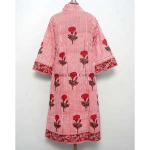 Robe décontractée mi-longue trapèze pour femme, faite main, moderne, col en V, imprimé floral au bloc, en coton écologique, respirante et lavable - Product Image 6