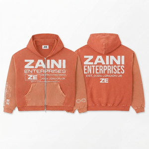 เสื้อฮู้ดซิปผู้ชาย ผ้าโพลีเอสเตอร์/คอตตอน เฟรนช์เทอร์รี่ 350gsm หนานุ่ม ซักแบบวินเทจ สีกากี สกรีนลายปักแบบกำหนดเอง รับผลิตแบบ OEM - Product Image 1