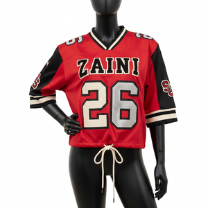 Camiseta de Fútbol Femenina, 190 GSM, Malla Deportiva de Poliéster, Paneles de Manga Rojos y Negros, Logotipo Personalizado Bordado, Camiseta de Fútbol Femenina de Algodón - Product Image 6