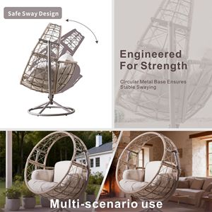 Outdoor and Indoor 4-in-1 Cushioned Swing Chair with Metal <b>Frame</b> and Wicker <b>Grey</b> Hanging Chair for Patio - Product Image 6