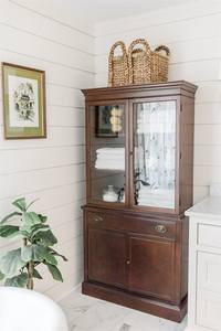 Artisanal Teak Wood <b>Deep</b> <b>Shelf</b> Washroom Sideboard Vintage Bail Handle Storage Cabinet for Clean Towels - Product Image 2