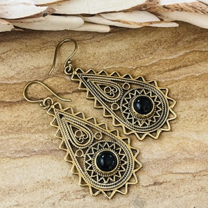 Unique Design Teardrop Dangle Earrings Silver Eye Boho Brass Jewelry Children's Antique Brass Finish Tribal Black Onyx <b>Gift</b> - Product Image 5