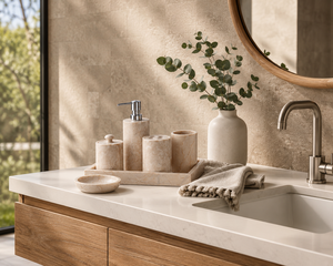 Elegante Juego de Baño Moderno de Cinco Piezas de Mármol Natural Ecológico: Bandeja Rectangular, Jabonera, Vaso, Dispensador y Soporte para Hisopos Fácil de Instalar - Product Image 5