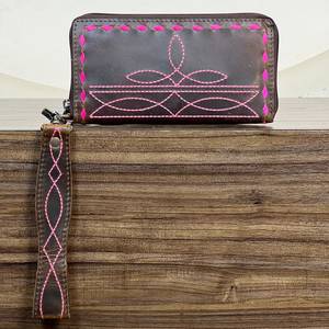 Wholesale Handmade Stylish Boot Stitch <b>Genuine</b> <b>Leather</b> <b>Wallets</b> with Hand Strap Multi-function Phone RFID Zipper Clutch for Women - Product Image 4