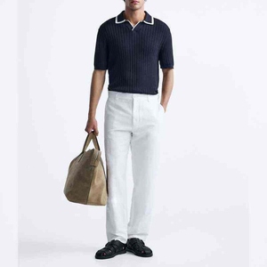 Custom <b>Men</b>’s Navy Blue Ribbed Knitted <b>Polo</b> <b>Shirt</b> Short Sleeve Contrast Collar Casual Summer <b>Polo</b> OEM Manufacturer - Product Image 5