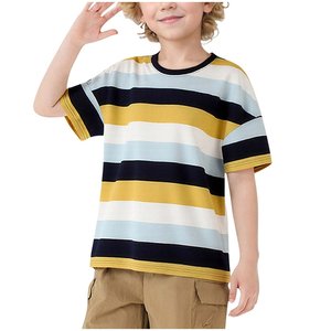 T-shirt personnalisé avec logo OEM, 100% coton, 180 GSM, pour enfants, à manches courtes rayées, col rond, t-shirts surdimensionnés, hauts pour filles et garçons, chemises d'été - Product Image 3
