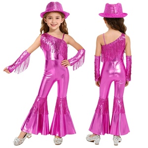 6-16 Kids Girls Dance Competition Costumes Jazz Disco Dance Costume Flared Jumpsuit With Gloves And <b>Fedora</b> <b>Hat</b> For Performances - Product Image 2