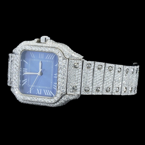 Montre de luxe en argent sterling 925, style hip-hop, entièrement sertie de moissanite, cadran carré bleu, entièrement incrustée de diamants - Product Image 4