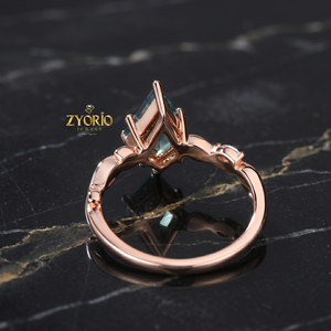 Anillo de compromiso de ágata musgosa con corte cometa, oro macizo de 10K, anillo de boda con diseño de hoja inspirado en la naturaleza para mujer - Product Image 3