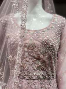 Fancy Party Wear Lehenga en tissu de filet de couleur claire avec des mèches pleines de travail à la main et une broderie Jarkan - Product Image 4