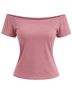 T-shirt femme rose poudré à épaules dénudées, manches courtes, coupe ajustée, décontracté, été, en coton doux, fabrication OEM personnalisée - Product Image 1