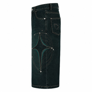 Blackened Teal Y2K Denim Jorts – Baggy Streetwear Shorts with Orbit Embroidery & Rhinestone Details - Product Image 4