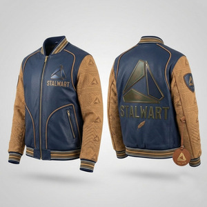 Veste universitaire unisexe écologique Stalwart, veste patchwork bleu marine, veste d'hiver unisexe, col rabattable avec broderie de lettres - Product Image 1