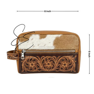Hair On Hide <b>Leather</b> Travel Kit <b>Tooled</b> Dopp Bag Portable Toiletry Organizer Zipper Wash Bag for Men and women - Product Image 3
